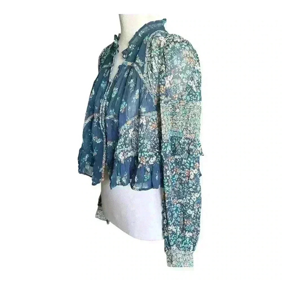 Anthropologie NWT Boho Blue Floral Sheer Babydoll Cropped Oversized Blouse XS - Picture 4 of 10